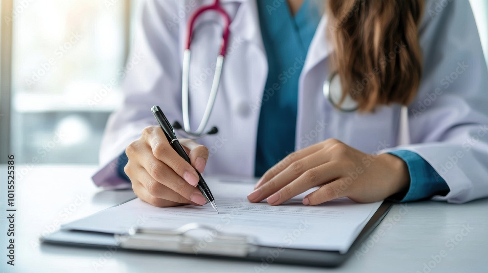 Doctor writing on a clipboard during a patient checkup Doctor writing on a clipboard during a patient checkup