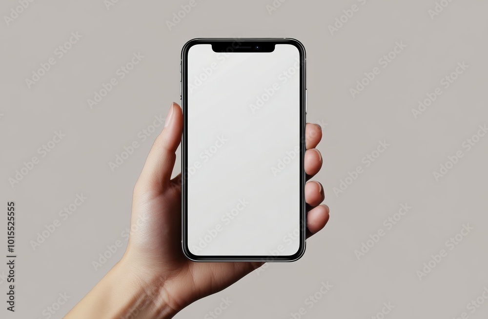 A hand holds a high-resolution blank screen Phone mockup, set against a white background. A hand holds a high-resolution blank screen Phone mockup, set against a white background.