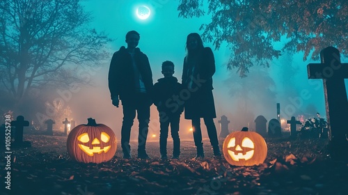 Halloween-themed family portrait in front of a spooky cemetery glowing pumpkins 