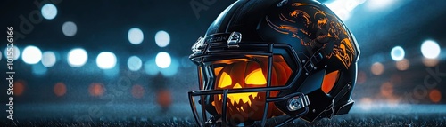 A striking football helmet with a glowing pumpkin design, perfect for Halloween-themed sports events or decorations.