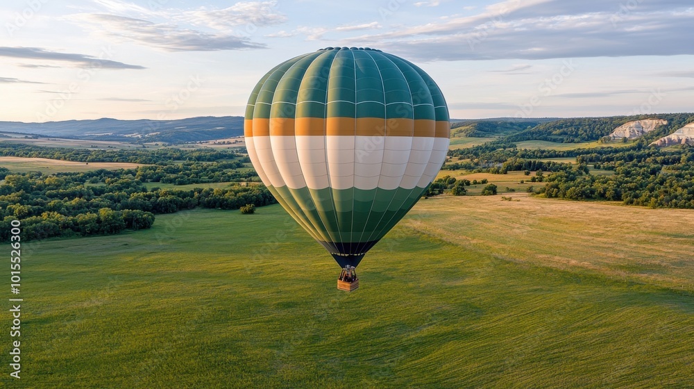 Obraz premium Hot air balloon ride over a scenic landscape, adventurous vacation