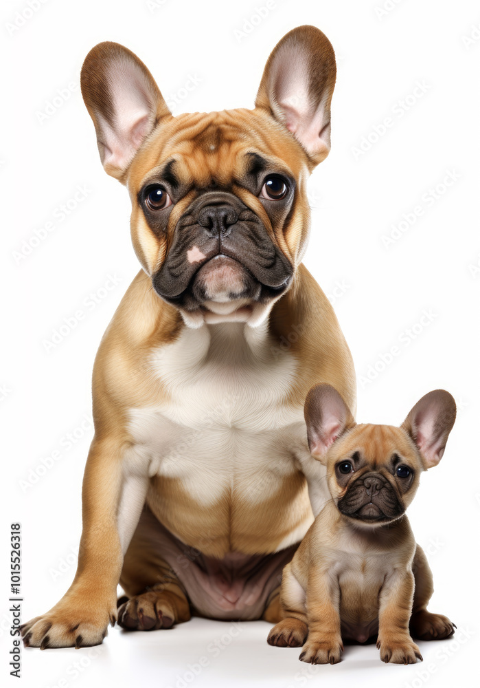 Cute Adult bulldog and puppy sitting on white background Cute Adult bulldog and puppy sitting on white background