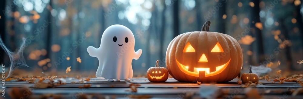Fototapeta premium cute ghost stands by a carved pumpkin with Halloween decor on wooden table, forest blurred behind.