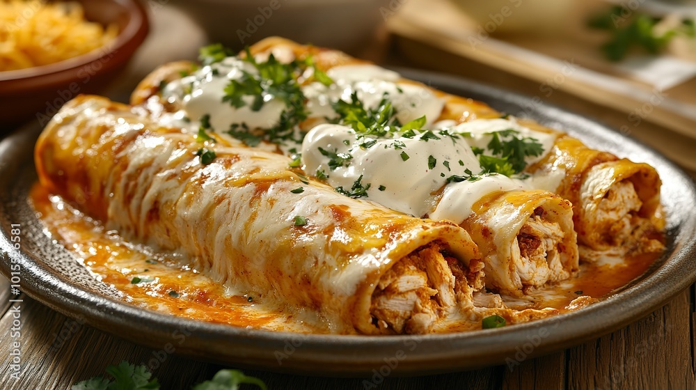 Enchiladas, rolled tortillas filled with chicken and topped with cheese and sauce, festive Mexican family dinner Enchiladas, rolled tortillas filled with chicken and topped with cheese and sauce, festive Mexican family dinner