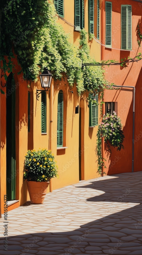 Naklejka premium Charming street with colorful walls and greenery on a sunny day.