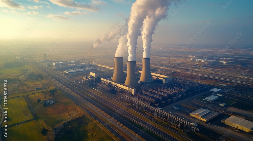 Obraz premium Aerial perspective of Kusile power station in South Africa showcasing large-scale coal energy production and its impact on the environment and economy