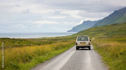 Road trip with car driving along a scenic coastline