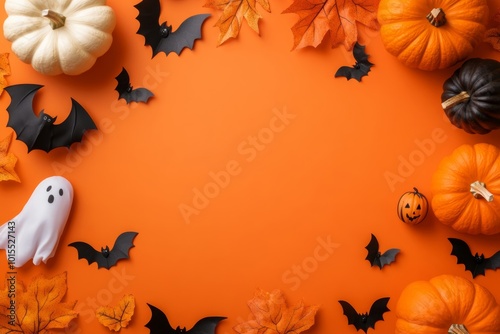 Pumpkins, bats, and leaves on an orange background. Halloween theme with free space in the center.
