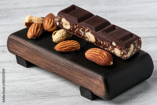 Realistic depiction of a protein bar with nuts and chocolate on a workout bench, representing a high-protein snack for fitness enthusiasts