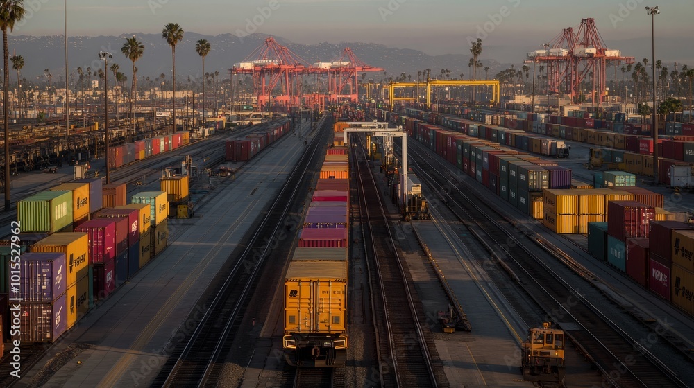 The bustling railyard showcases a variety of colorful shipping containers meticulously organized, with a parked train engine and cranes in the backdrop, highlighting logistics in action The bustling railyard showcases a variety of colorful shipping containers meticulously organized, with a parked train engine and cranes in the backdrop, highlighting logistics in action