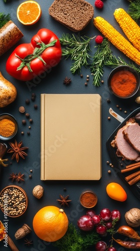 Colorful assortment of fresh ingredients surrounding a blank recipe book. photo