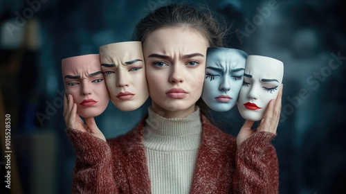 Masked identities: navigates emotional masks, expressions, how face aligns with their psychological state, contemplating impact pretending versus authenticity in personal roles, social interactions. photo