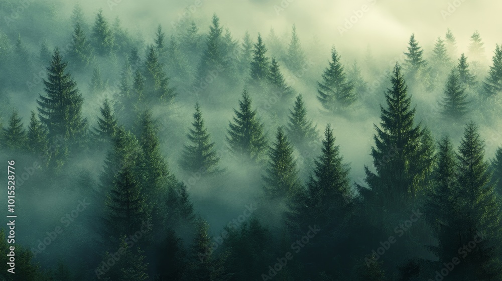 Misty pine forest offers a serene view, with towering trees shrouded in a veil of soft fog.