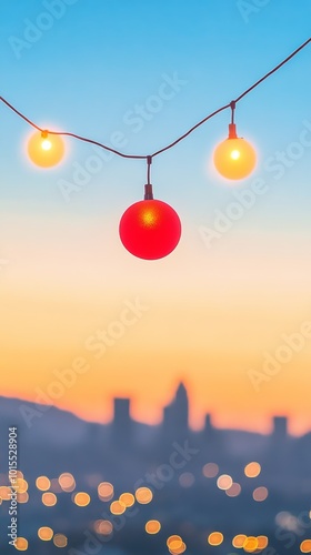 Colorful decorative lights against a sunset backdrop, creating a warm ambiance. photo