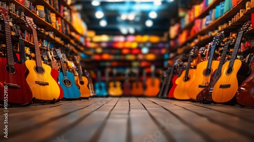 Colorful guitars displayed in a musical instrument store.