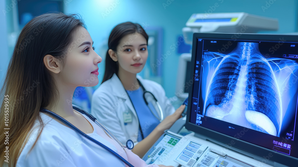an asian woman is looking at her upper body x-ray film on the monitor in the doctor office , showing her lung and heart an asian woman is looking at her upper body x-ray film on the monitor in the doctor office , showing her lung and heart