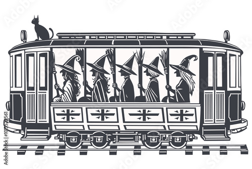 Witches on a Vintage Tram, Vector Illustration