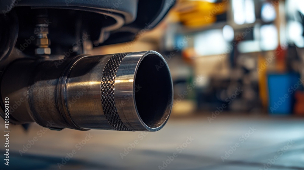 Close-up view of an exhaust pipe showcasing automotive engineering pollution and environmental impact for discussions on sustainability and urban transport Close-up view of an exhaust pipe showcasing automotive engineering pollution and environmental impact for discussions on sustainability and urban transport