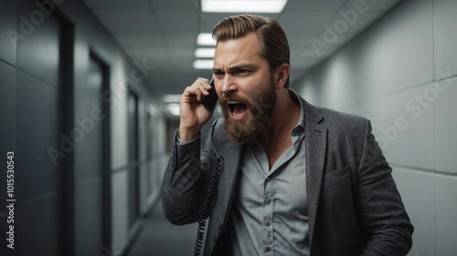 Man in office talking on mobile phone and angry