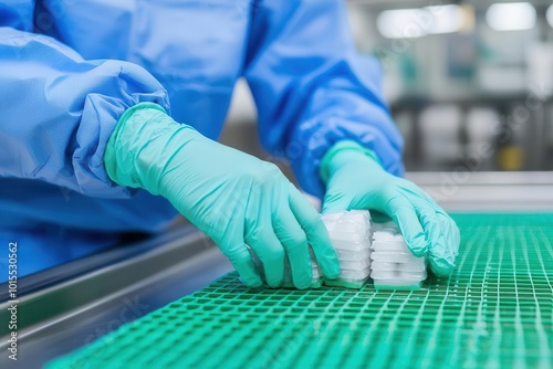 Worker using gloves to handle delicate products during quality control checks, safety handling, fragile product QC