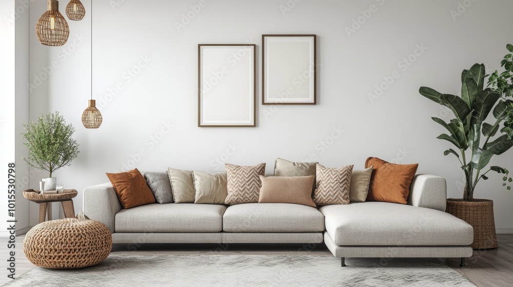 Fototapeta premium Elegant living room design featuring a comfortable sofa chic decor and inviting ambiance perfect for modern home aesthetics and cozy gatherings.