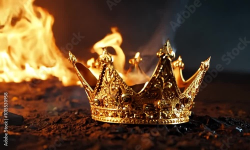 A golden crown, encrusted with sparkling jewels, lies on the ground, surrounded by dark, charred earth. Bright, orange flames dance around it, casting flickering shadows