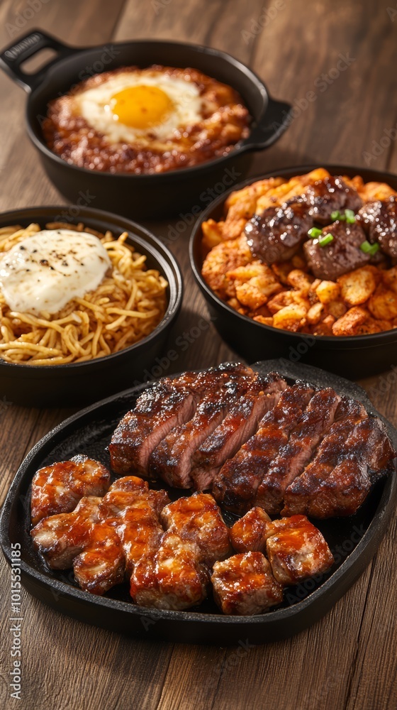 Delicious variety of dishes on wooden table, showcasing vibrant flavors and colors. Delicious variety of dishes on wooden table, showcasing vibrant flavors and colors.