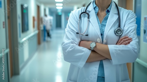Confident healthcare professional in lab coat with stethoscope embodying expertise and compassion in a busy hospital corridor for patient care and support. photo