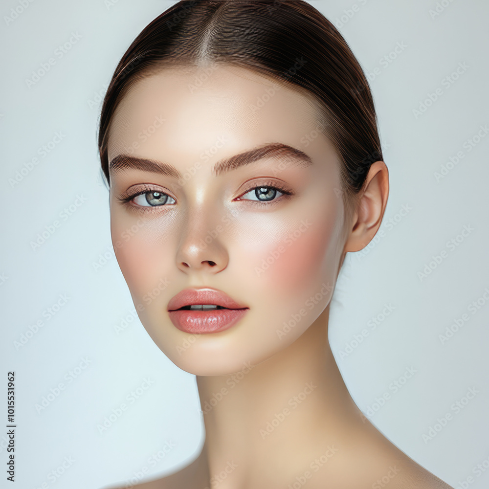 beautiful italian brunette dark hair brown eyes light natural make up model for close up head shot studio lighting plain white background beautiful italian brunette dark hair brown eyes light natural make up model for close up head shot studio lighting plain white background
