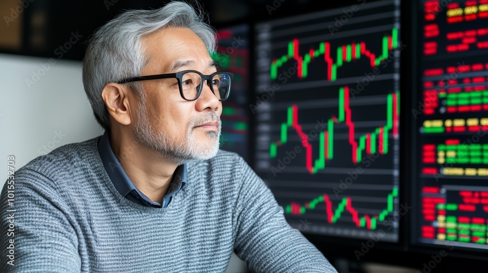 Focused older man analyzing stock market data on digital screens. Focused older man analyzing stock market data on digital screens.