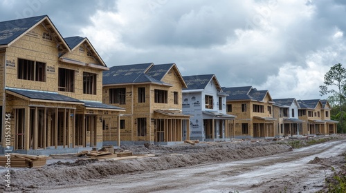 New suburban bi-level single-family homes under construction in a scenic autumn setting showcasing modern living and community development in Florida