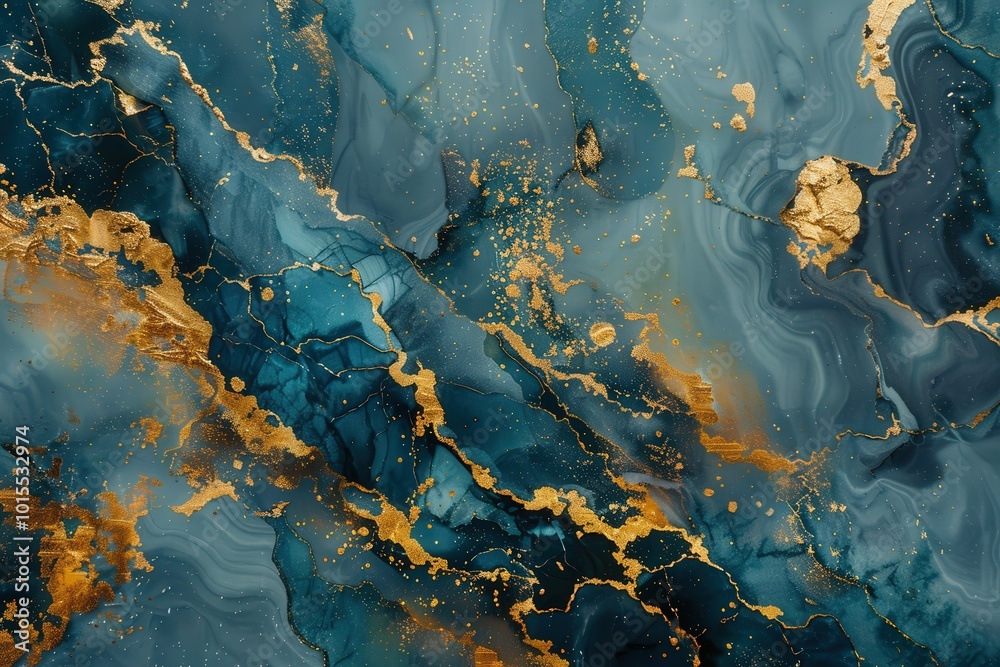 Fototapeta premium A blue and gold marble wall with gold streaks, generative ai