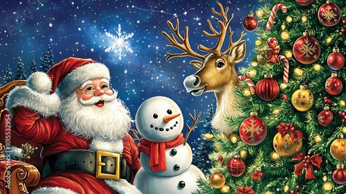 Festive Christmas scene with Santa Claus, snowman, reindeer, and decorated tree under a starlit sky, spreading holiday cheer and joy.