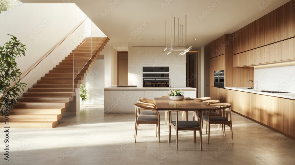 Fototapeta premium Spacious modern kitchen with dining area and wooden staircase flooded with natural light perfect for family gatherings and contemporary living.