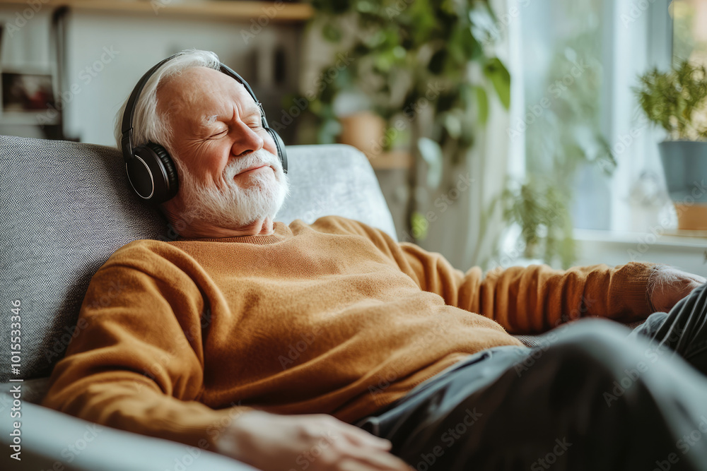 Fototapeta premium healthy rich older retired senior man is listening to music on headphones in his music audio room 