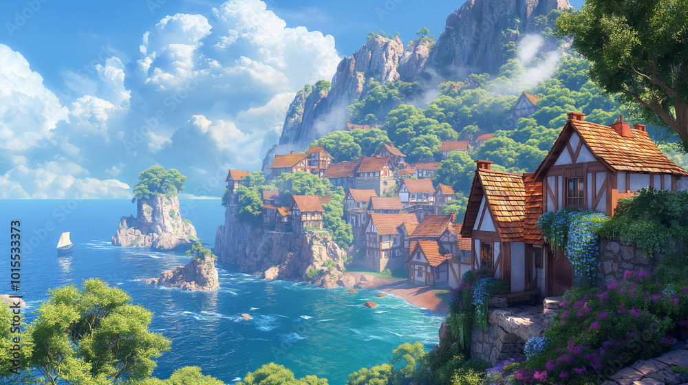 A seaside village at the foot of the mountains. AI Generated A seaside village at the foot of the mountains. AI Generated