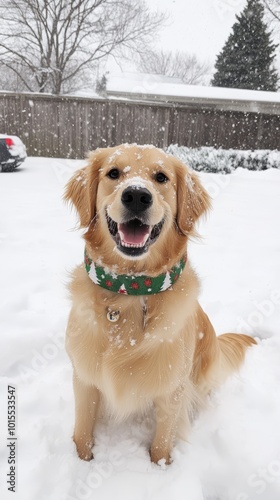 Golden retriever dog smiling in the snow with a festive collar, white isolate background