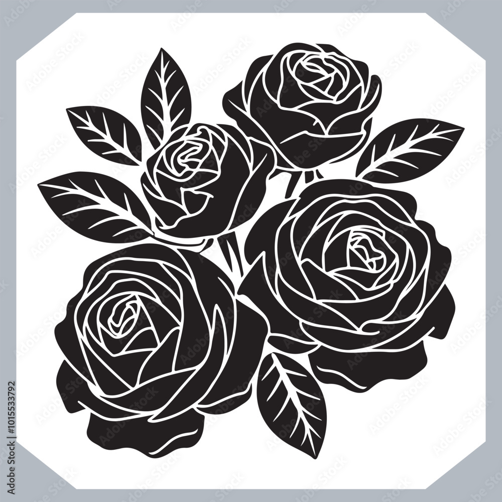 Roses set silhouette vector illustration, black and white bold line drawing of roses and leaves , Silhouette rose flower, floral collection Roses set silhouette vector illustration, black and white bold line drawing of roses and leaves , Silhouette rose flower, floral collection