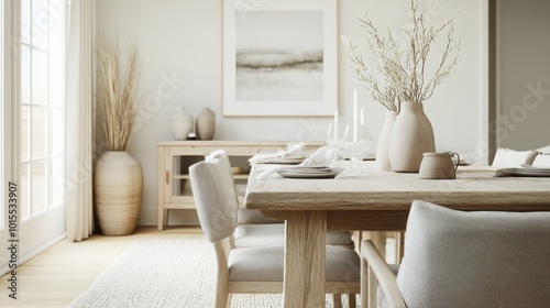 A spacious modern dining area features a wooden table set with neutral tableware photo