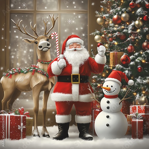 Festive Christmas scene with Santa Claus, reindeer, snowman, and decorated tree, surrounded by gifts in a winter wonderland.