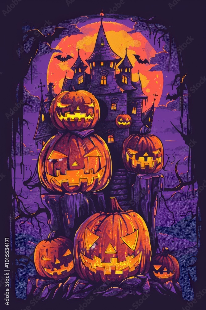 A Halloween themed painting of a house with a large pumpkin on the front porch, generative ai A Halloween themed painting of a house with a large pumpkin on the front porch, generative ai