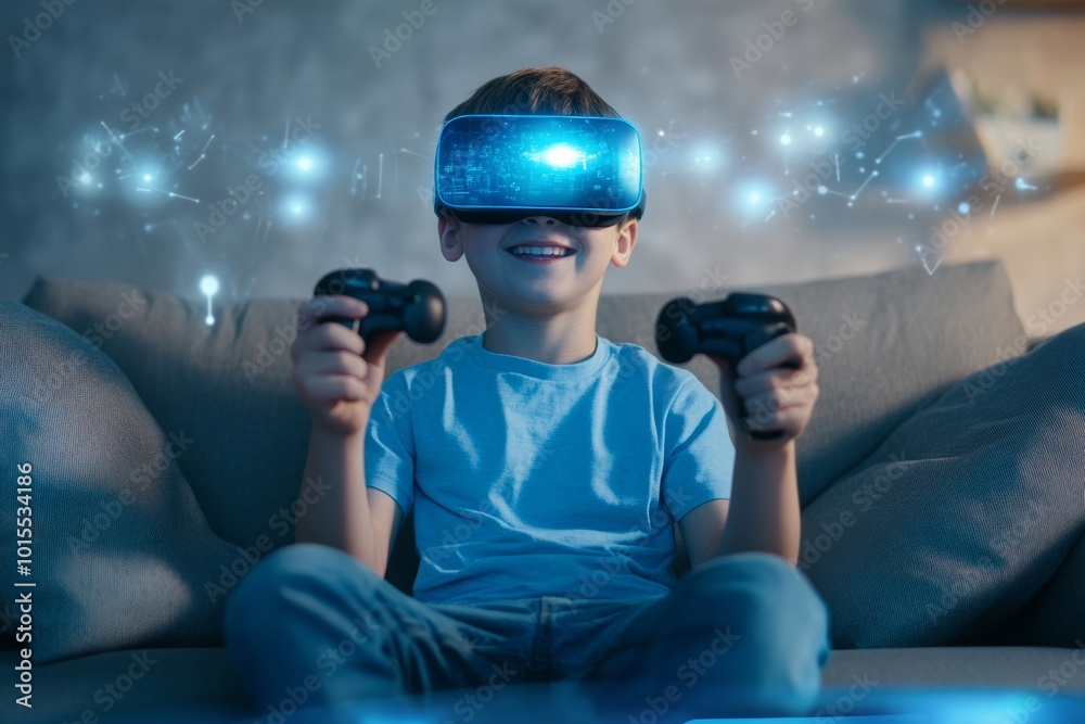 A boy sits on his sofa, immersed in VR, with a vivid virtual image floating before him. A boy sits on his sofa, immersed in VR, with a vivid virtual image floating before him.
