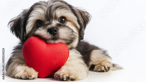 Adorable Valentine Havanese Puppy with Red Heart on White Background Perfect for Romantic Pet Lovers Cute Dog Photography and Valentine's Day Gifts