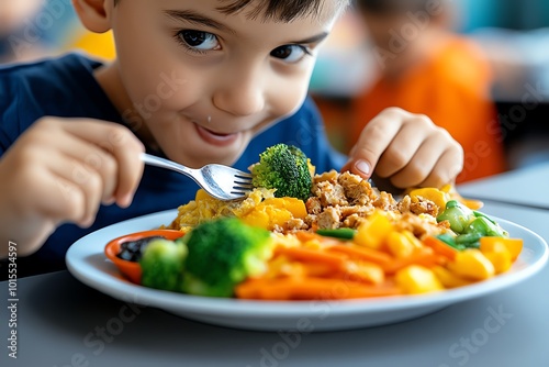 Children eating simple meals at a rural school, with small portions and basic food, representing food insecurity in poverty-stricken rural areas photo