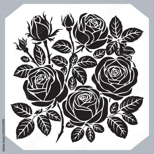 Roses set silhouette vector illustration, black and white bold line drawing of roses and leaves , Silhouette rose flower, floral collection