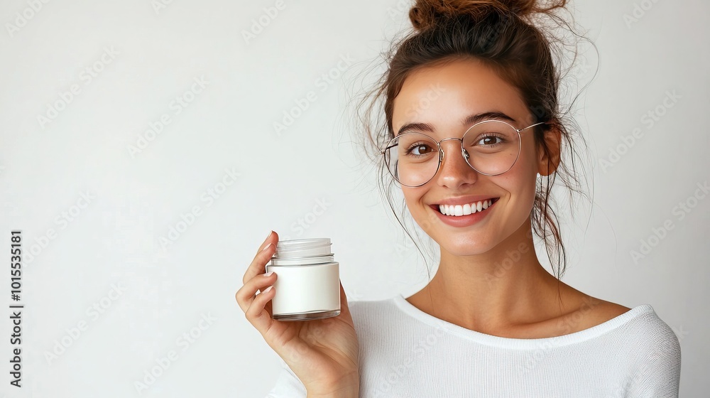 Woman wearing glasses holds a jar of cream in advertising mode. Woman wearing glasses holds a jar of cream in advertising mode.