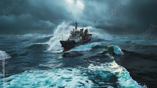 Turbulent ocean. Vast open sea. Stormy conditions. Remote waters. Massive waves. Small cargo ship. No visible land. Dark brooding sky. Deep blue sea. Turquoise wave crests. 