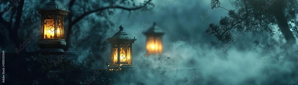 Mysterious lanterns illuminate a foggy path, creating an enchanting atmosphere in a dark, magical forest. Mysterious lanterns illuminate a foggy path, creating an enchanting atmosphere in a dark, magical forest.