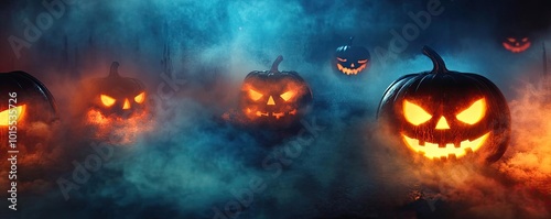 Mysterious Halloween scene with glowing pumpkins amidst fog, perfect for spooky decorations and festive events.