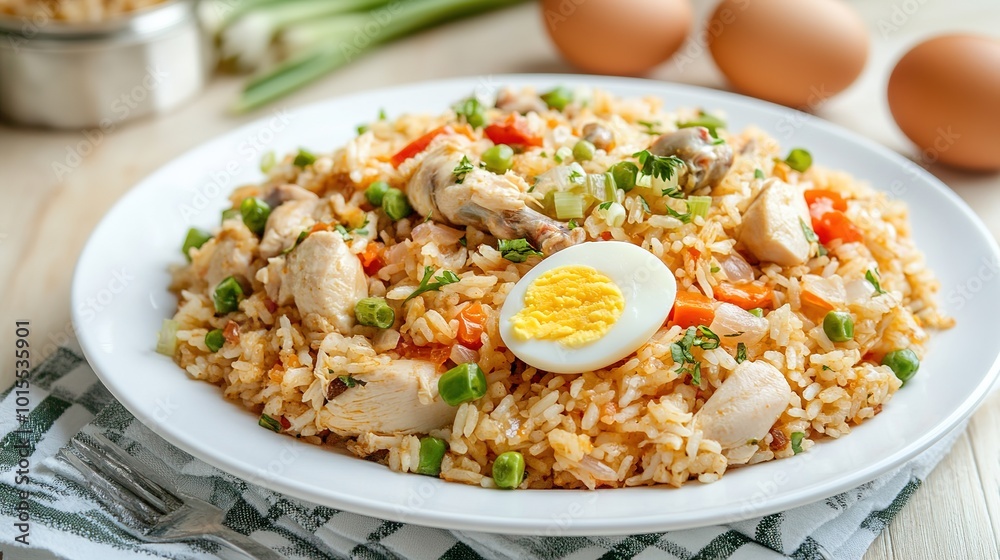Delicious meal featuring rice, chicken, and a perfectly cooked egg presented on a white ceramic plate, beautifully arranged on a kitchen table. The image captures the warmth and homely atmosphere Delicious meal featuring rice, chicken, and a perfectly cooked egg presented on a white ceramic plate, beautifully arranged on a kitchen table. The image captures the warmth and homely atmosphere
